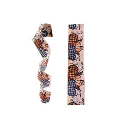 2.5 Inch Wired Fall Halloween Checkered Pumpkins Printed Ribbon (sold in 10 yard roll)