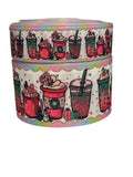 1.5 or 3 Inch Wide Holiday Coffee Drinks Printed Grosgrain Cheer Bow Hair Bow Ribbon (sold in 3 yard increments)