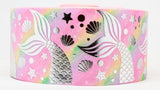 3 Inch Pink Mermaid Grosgrain Ribbon with Silver Foil Tails