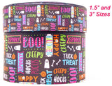 Halloween Ghosts Grosgrain Ribbon, Black Collage Print (Sold per 3 Yards)