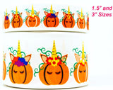 Halloween Pumpkin Unicorn Grosgrain Ribbon, Cheer Bow Ribbon (Sold in 3-Yard Increments)