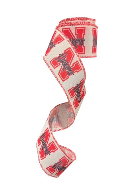 2.5 Inch Wired Nebraska College Collage on White Football Team Ribbon (sold in 10 yard roll)