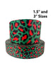 1.5 or 3 Inch Wide Green and Red Holiday Christmas Leopard Ribbon Printed Grosgrain Hair Bow Ribbon (sold in 3 yard increments)
