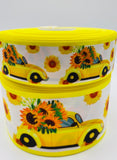 1.5 or 3 Inch Wide Yellow Fall Sunflowers in a VW Bug Car Printed Grosgrain Cheer Bow Hair Bow Ribbon (sold in 3 yard increments)