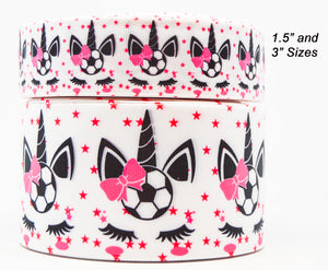 3"  Wide Soccer Unicorns Printed Grosgrain Cheer Bow Ribbon