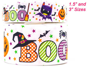 3"  Wide White Halloween BOO Printed Grosgrain Cheer Bow Ribbon