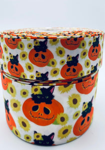 3"  Wide White Halloween Sunflower Kitties in Pumpkins Printed Grosgrain Cheer Bow Hair Bow Ribbon